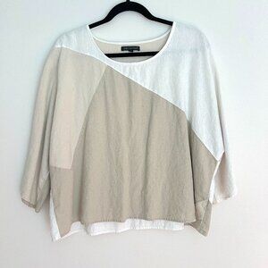 For Cynthia White Tan Linen Neutral Boxy Batwing Sleeve Blouse M